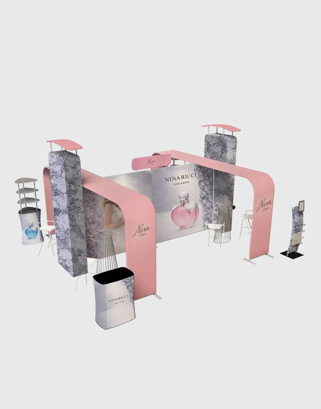 20x20 trade show booth kit modular tension walls 3D media displays arches counters