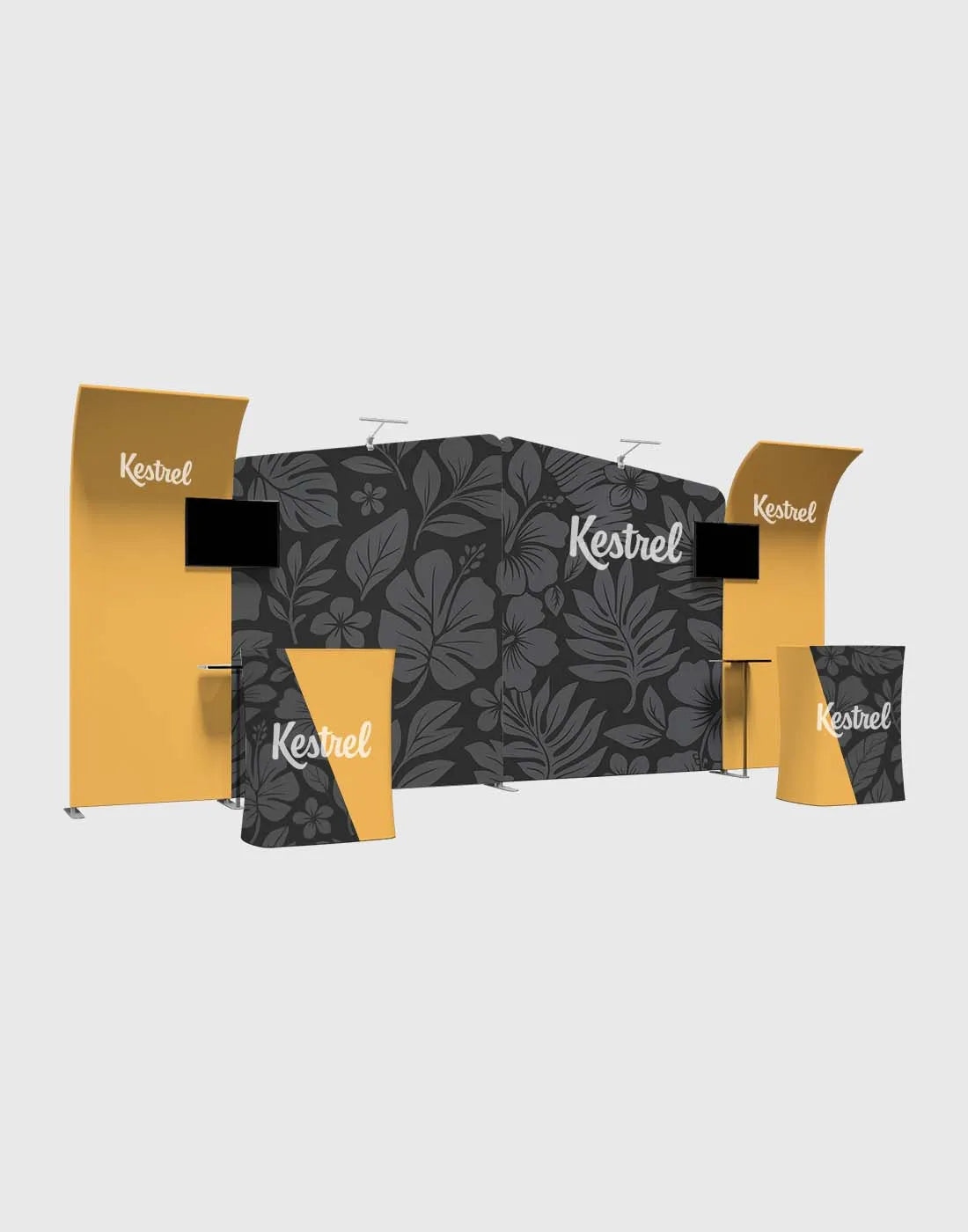 trade show display modular tube frame booth with tension fabric graphics and counters